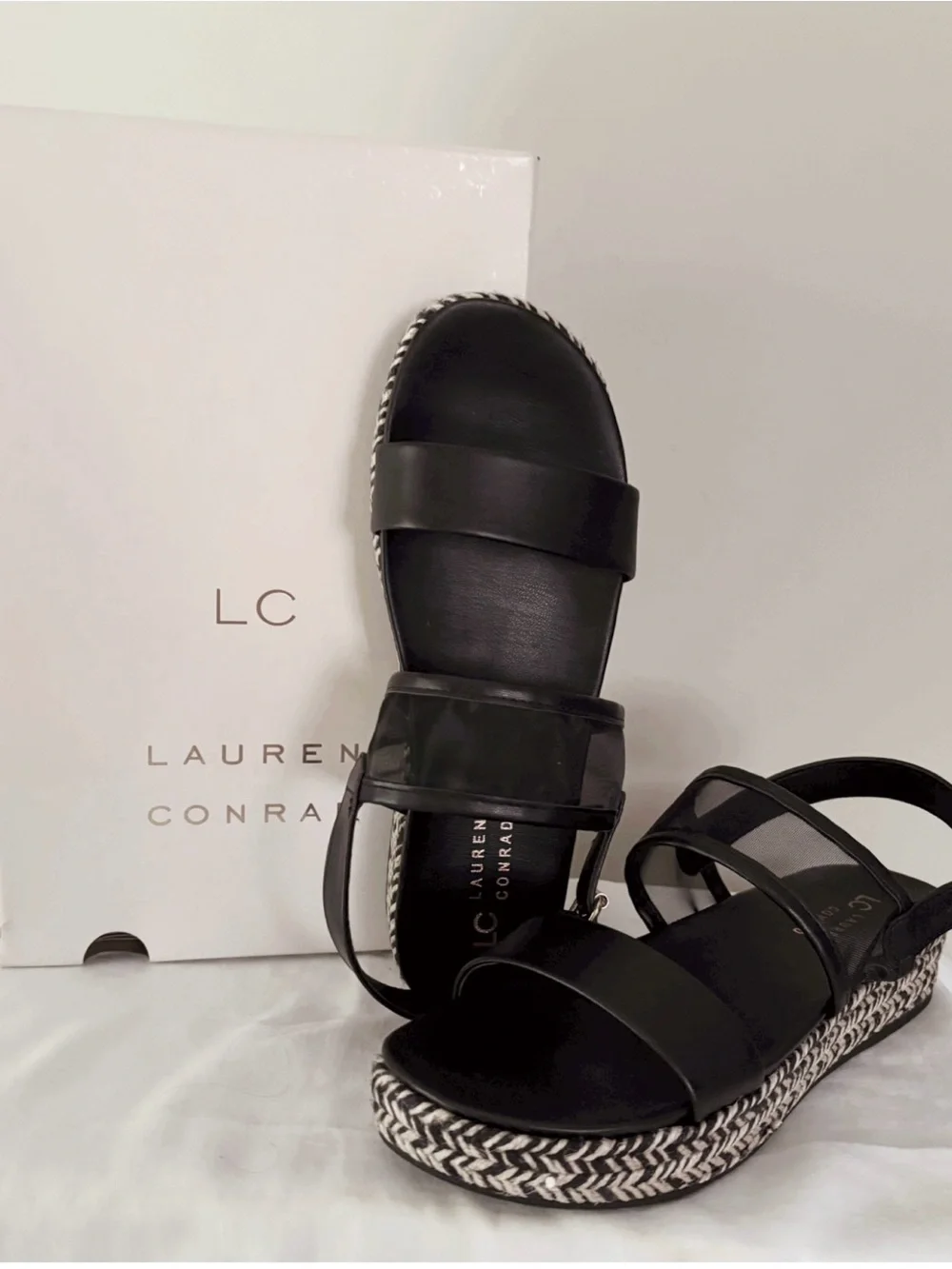 LC Lauren Conrad Black Platform Sandals with Braided Trim